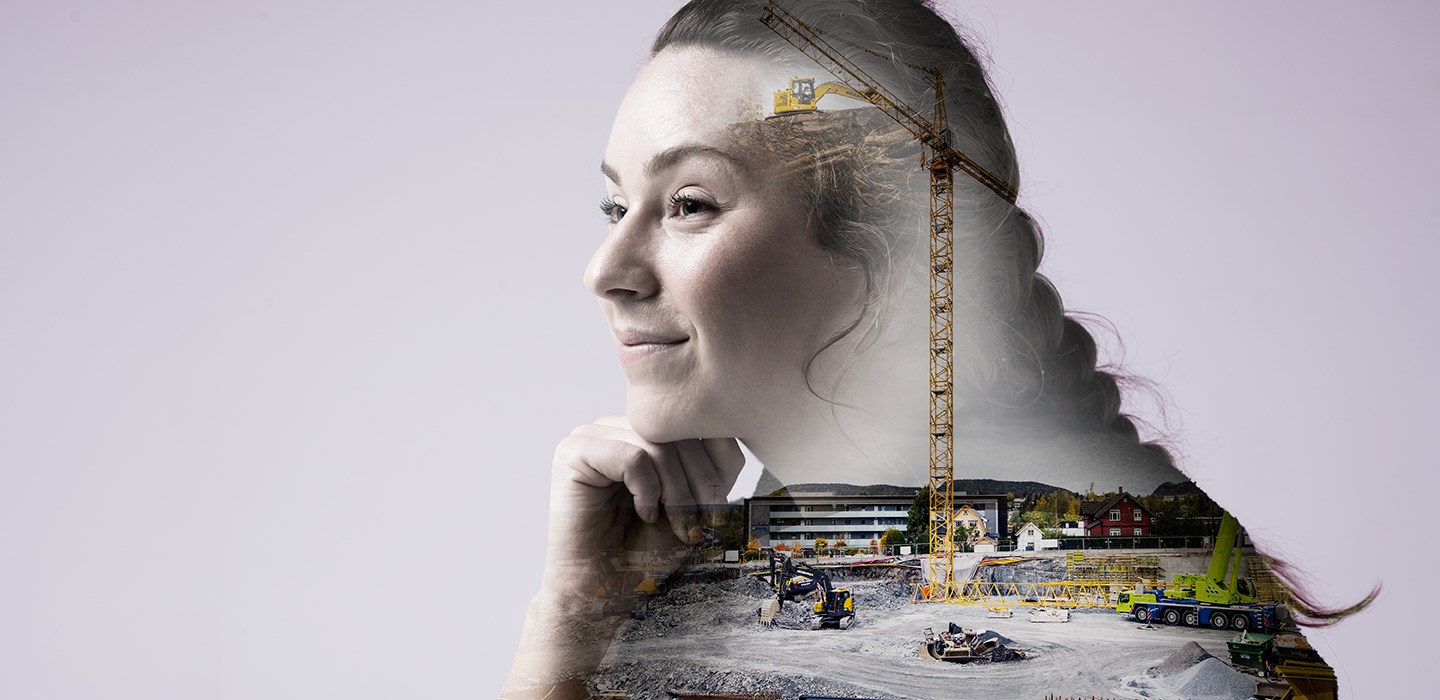 Bilde av en dame kombinert med en byggeplass - montasjebilde