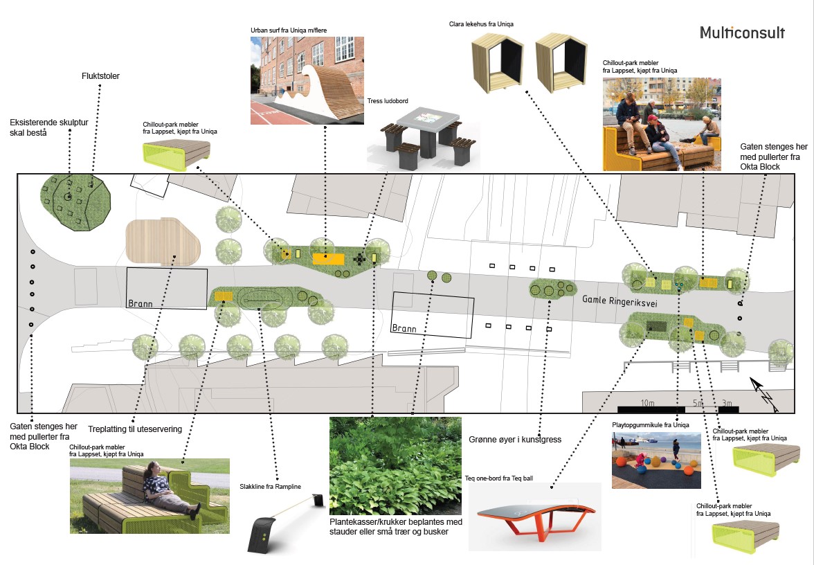 Kart som viser hvilket utstyr som vil bli plassert hvor i Gamle Ringeriksvei