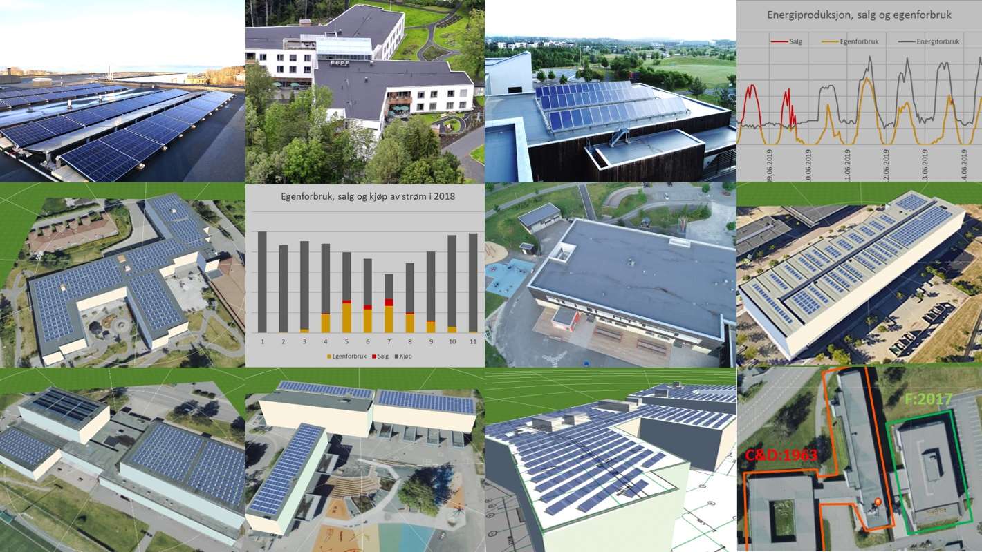 Collage solceller på kommunale bygg