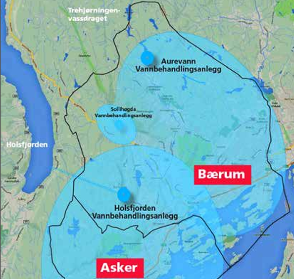 En digital illustrasjon av vannforsyningsanleggene i Bærum og hvor de ligger