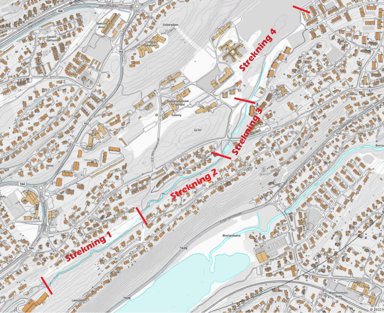Kart over delstrekninger på turveien