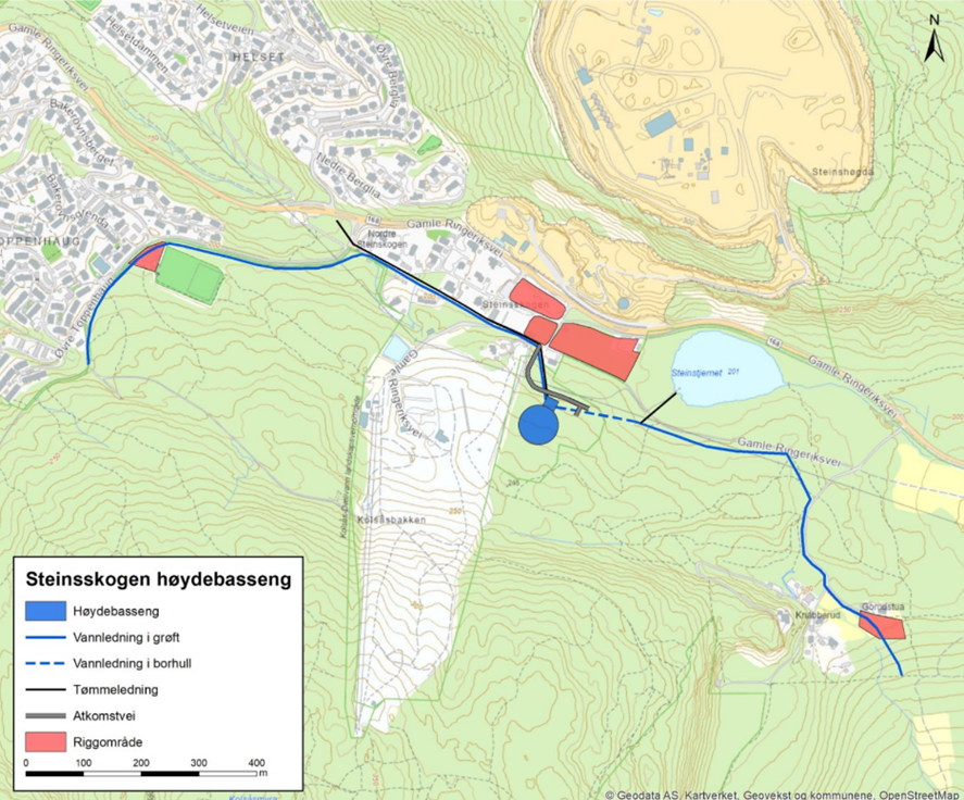 Kart som viser ledningstrasé for Steinsskogens høydebasseng