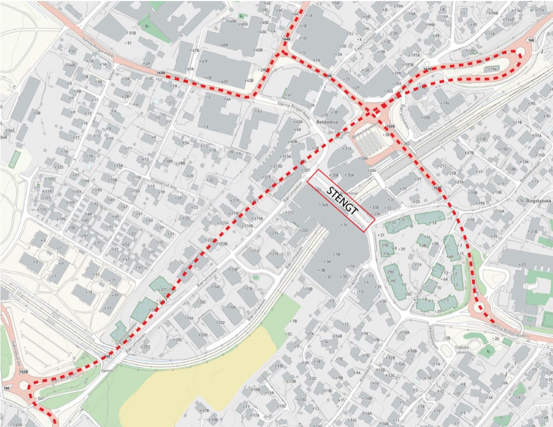 Kart som viser omkjøringsveier på Bekkestua