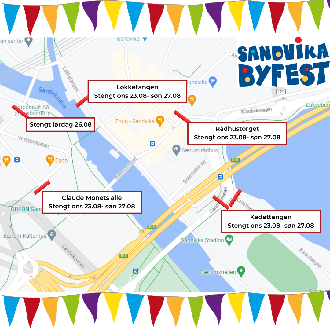 Kart som viser stengte veier under Sandvika byfest 2023