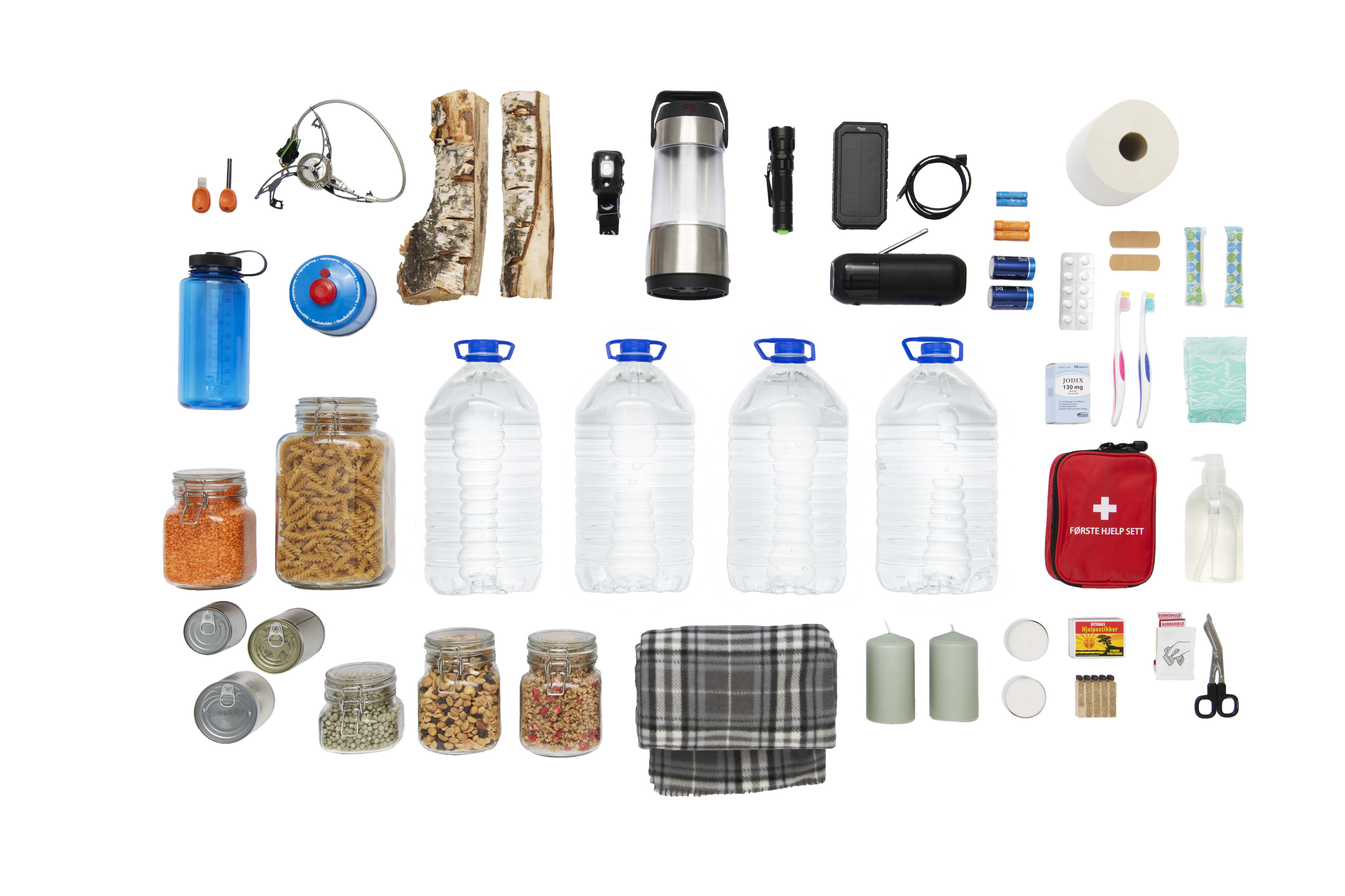 Bilde av ting du bør ha hjemme i tilfelle en krise oppstår.