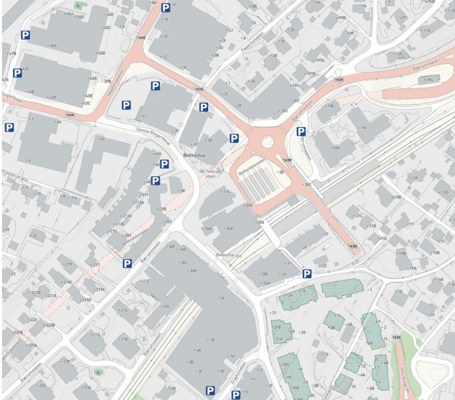Kart som viser parkeringsplasser på Bekkestua
