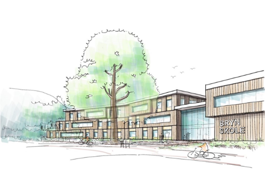 Illustrasjon som viser hvordan ny Bryn og Hammerbakken skole, fasade nordvest, kan se ut