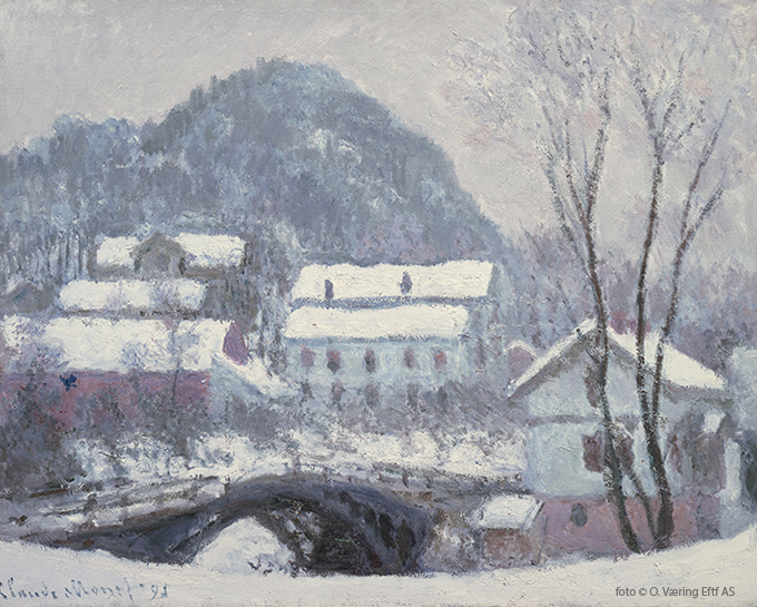 Bildet viser maleriet Sandviken, Norge i snø, av Claude Monet