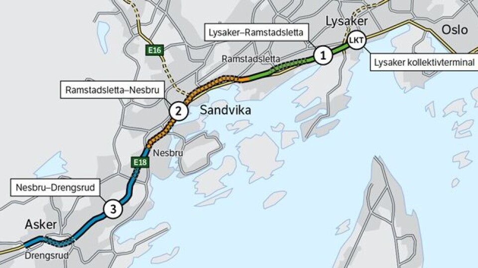 Kart som viser strekningen e18 Vestkorridorenpe 1-3, 240521
