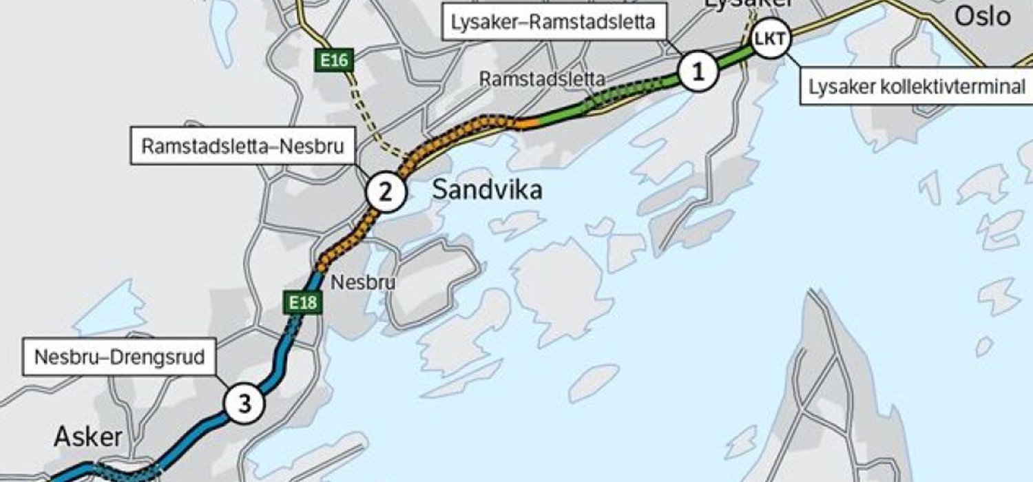 Kart som viser strekningen e18 Vestkorridorenpe 1-3, 240521