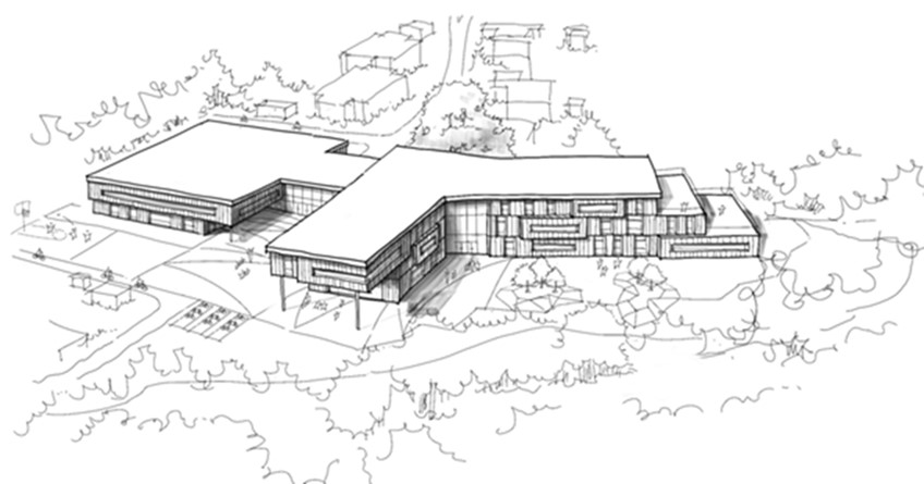 Illustrasjon som viser hvordan ny Bryn og Hammerbakken skole  med flerbrukshall kan se ut