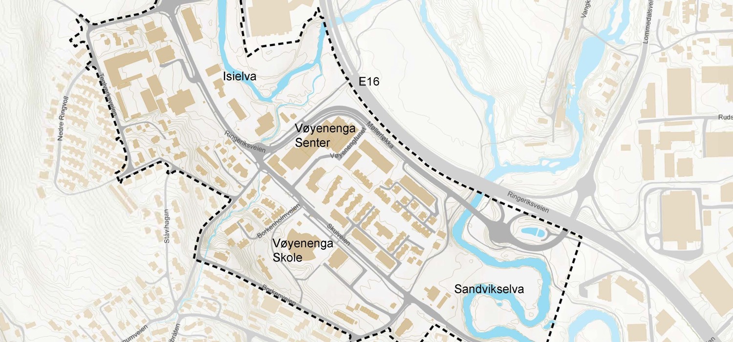 Kart som viser avgrensning av områdeutviklingsstrategi for Vøyenenga.