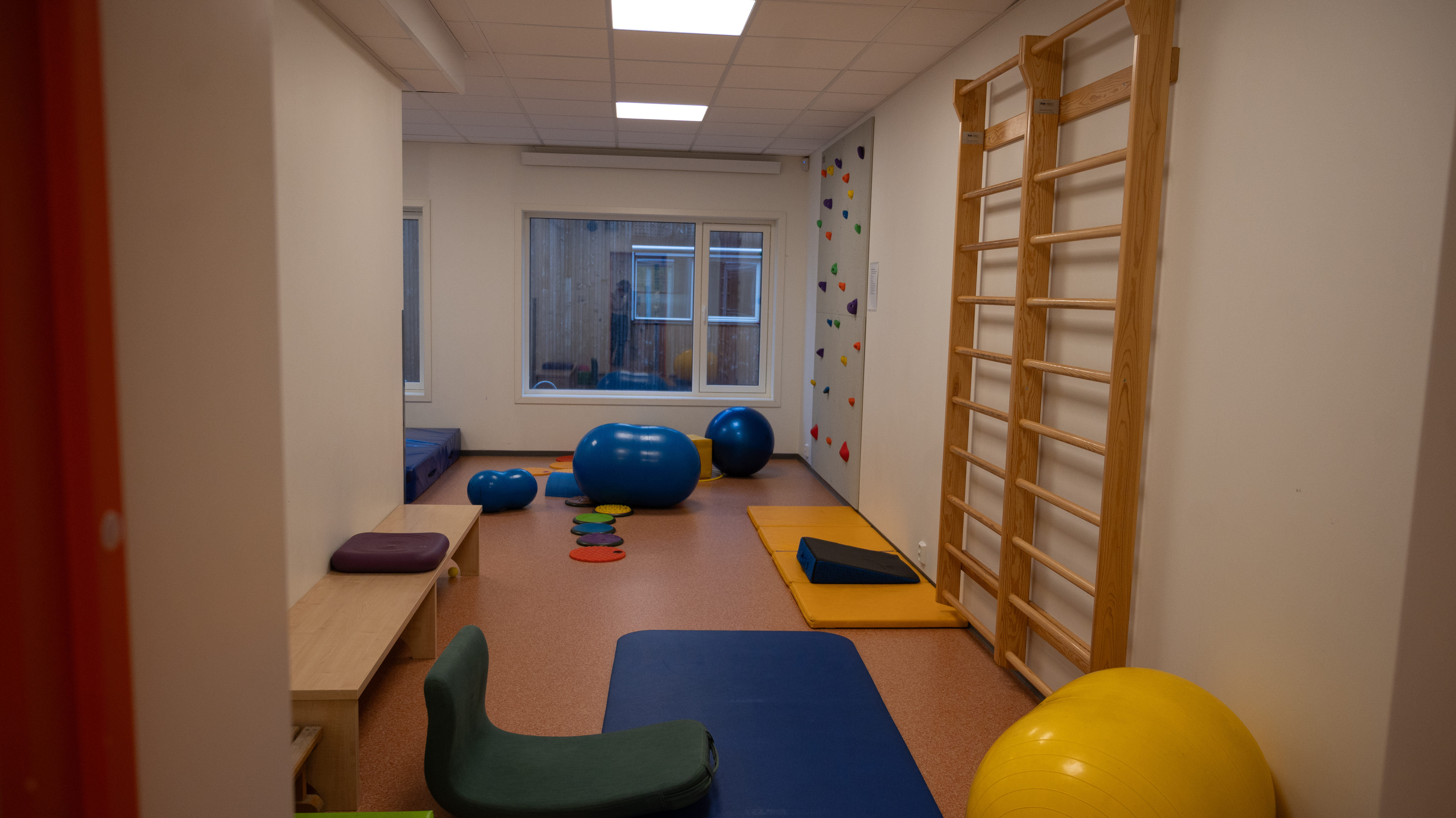 Et rom med treningsutstyr til barn. På gulvet ligger det flere blå og gule balanseballer og matter i ulike farger. Til høyre er det en ribbevegg i tre og en klatrevegg med små fargerike klatretak. Rommet er lyst med store vinduer.