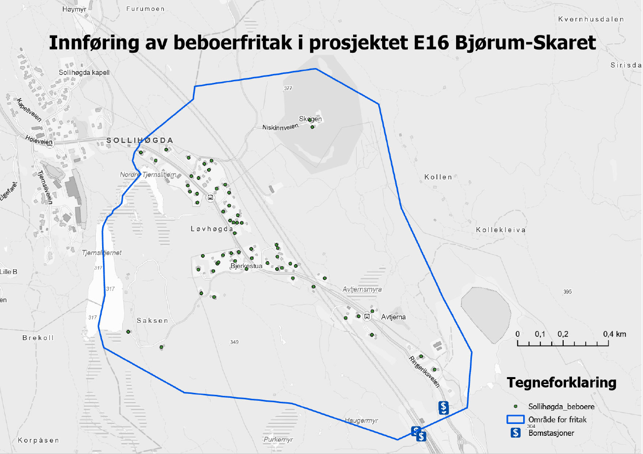 Kart som viser område hvor man kan søke om beboerfritak fra bompenger