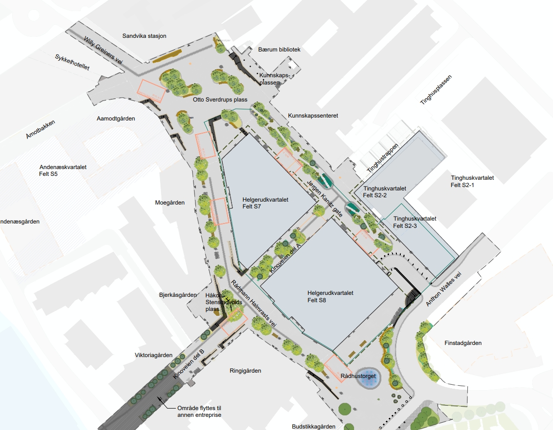 Det markerte området viser anleggsområdet for Sandvika øst prosjektet.