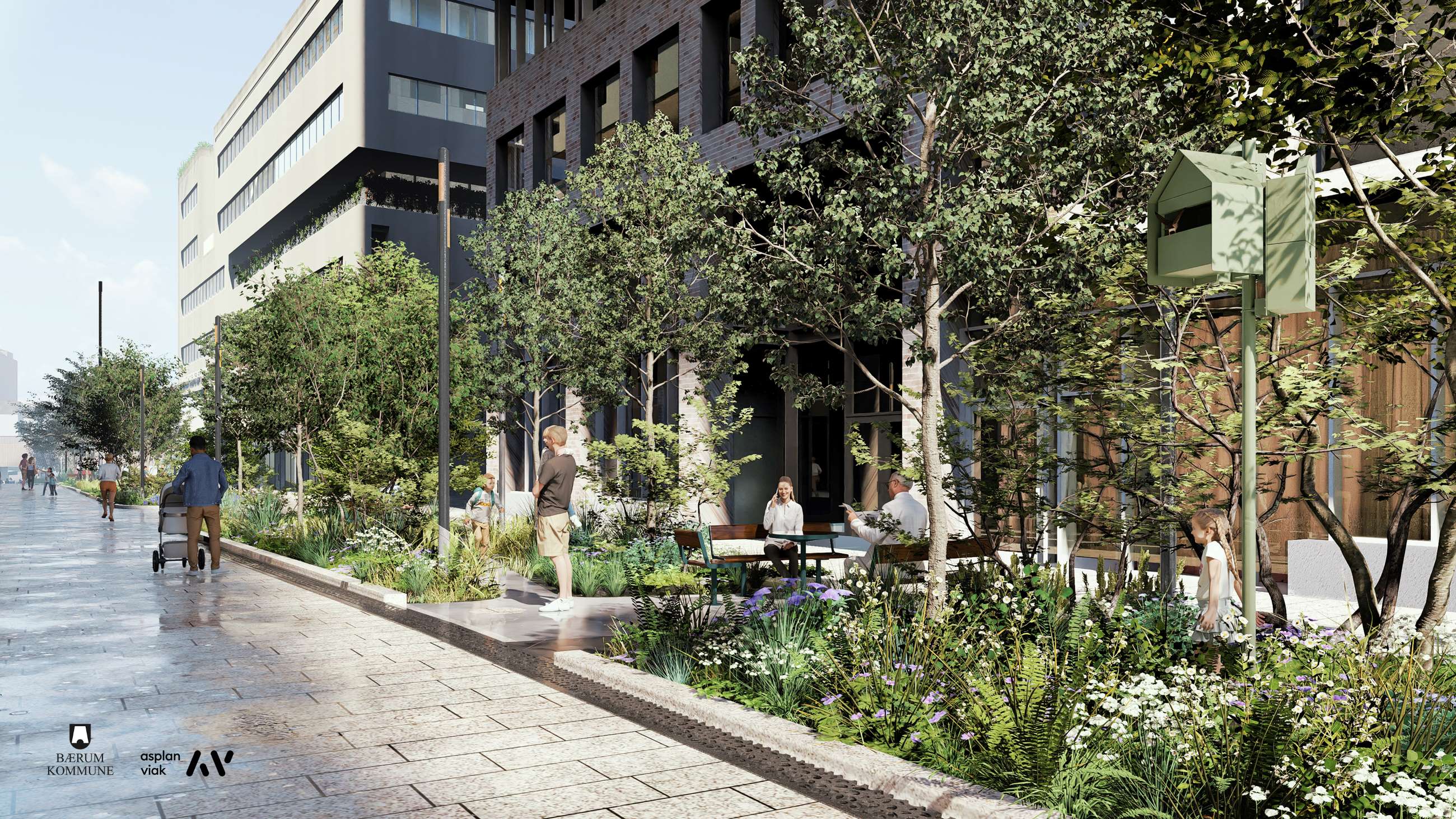 I Jørgen Kanitz gate blir det flotte grøntområder og sosiale soner med borg og benker.