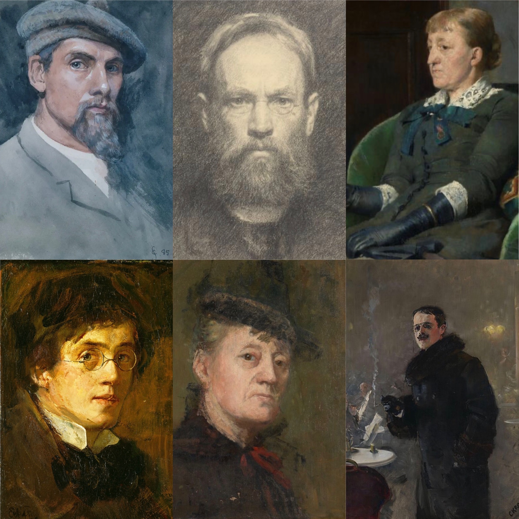 Fleskumkunstnerne. Øverst fra venstre: Christian Skredsvig, Erik Werenskiold og Kitty Kielland. Nederst fra venstre: Eilif Pettersen, Kitty Kielland og Gerhard Munthe.