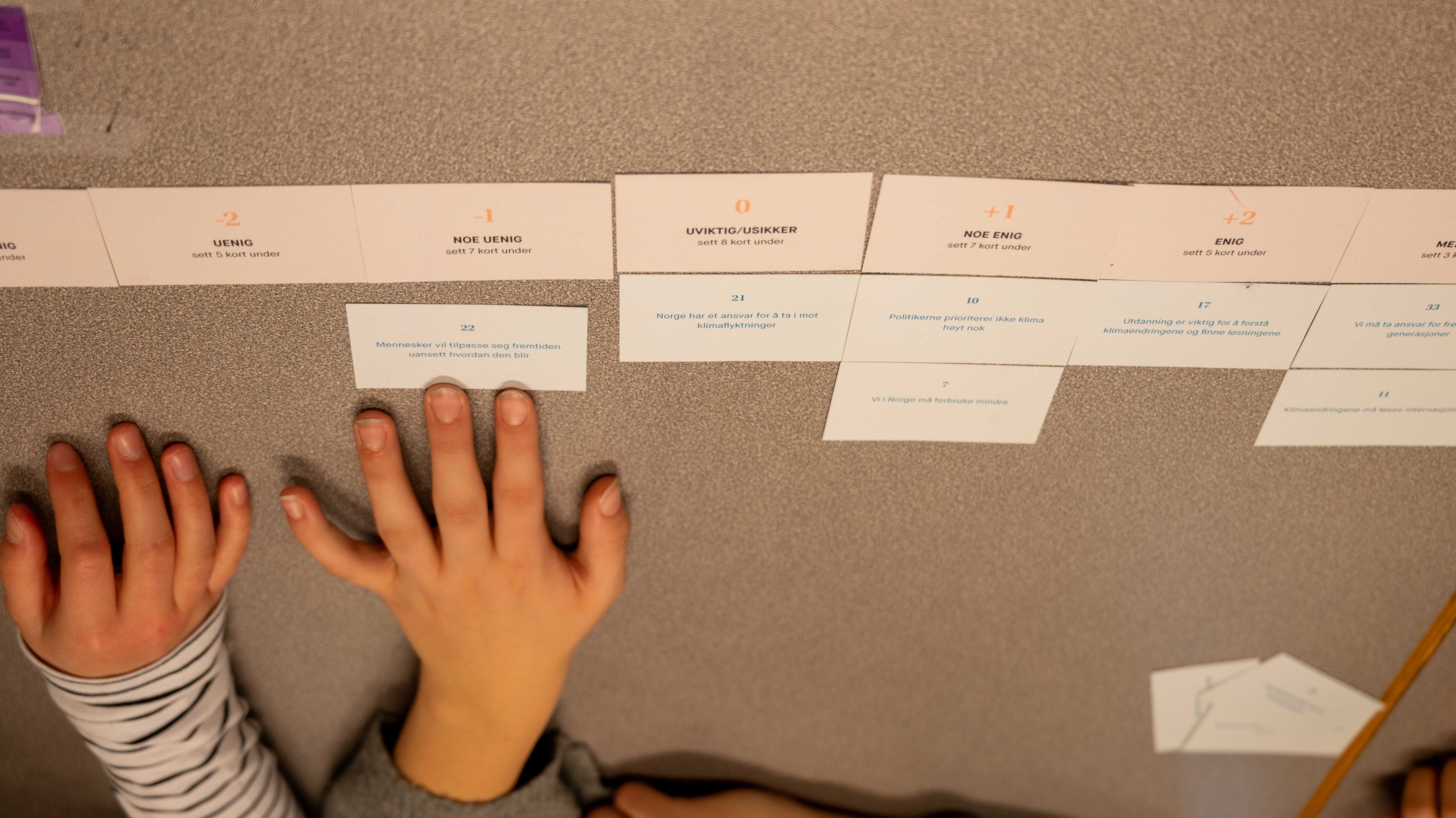 Elevene sorterer hvor vidt er enige eller uenige i forskjellige påstander om bærekraft og klima.