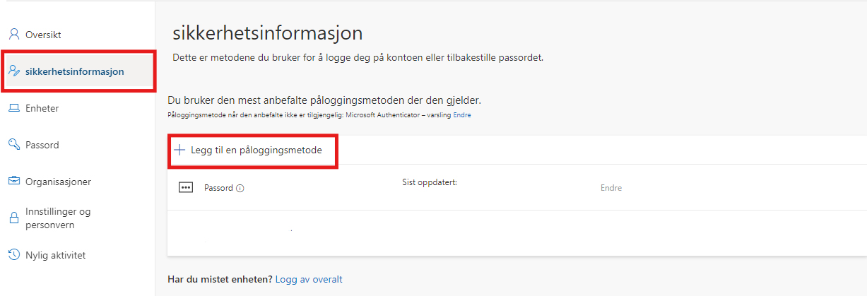 Skritt 6 - Klikk på "+ Legg til en påloggingsmetode"