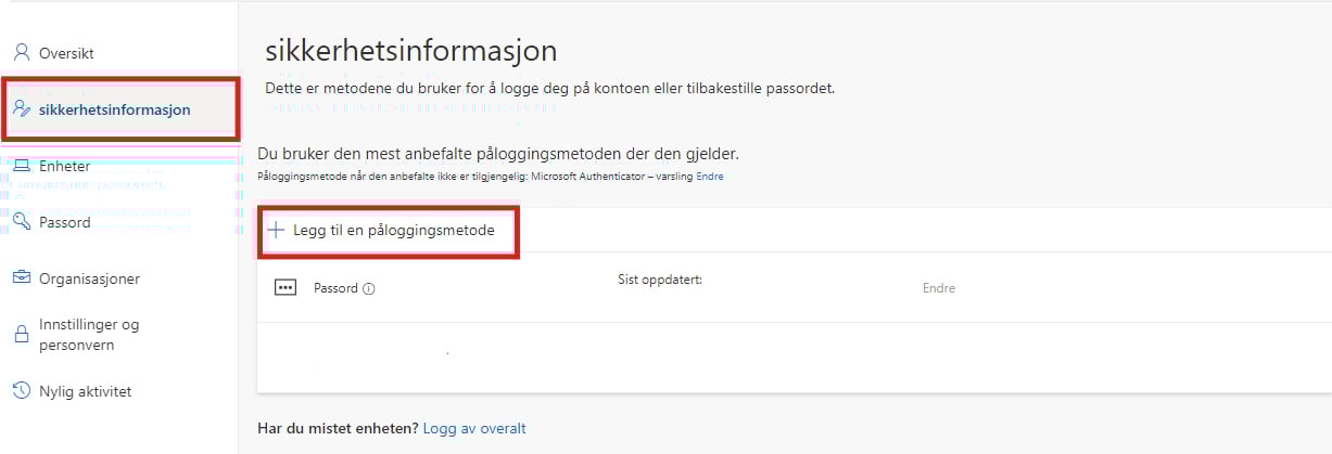 Skritt 6 - Klikk på "+ Legg til en påloggingsmetode"