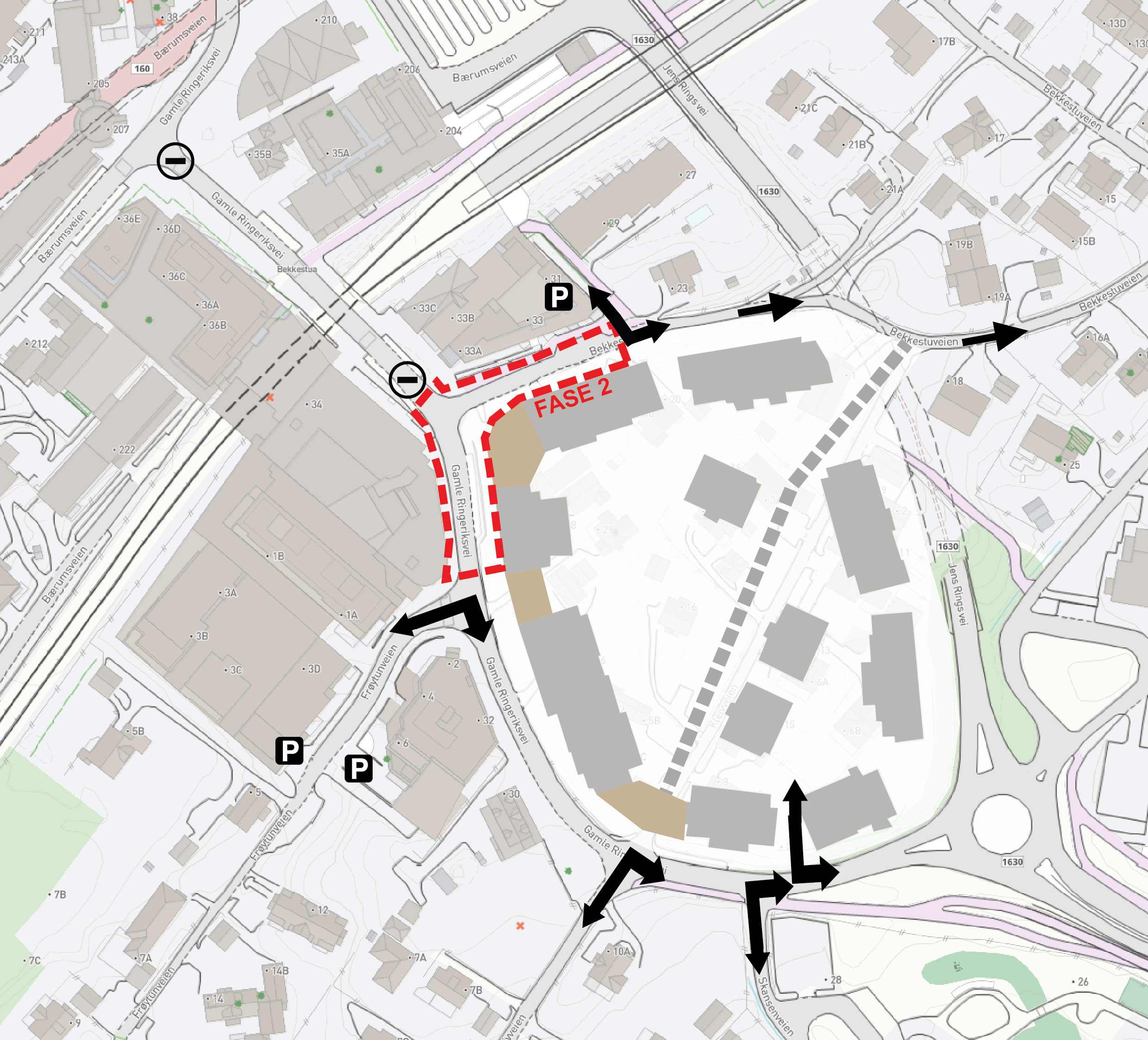 Kart som viser fase 2 av prosjektet Bekkestua øst