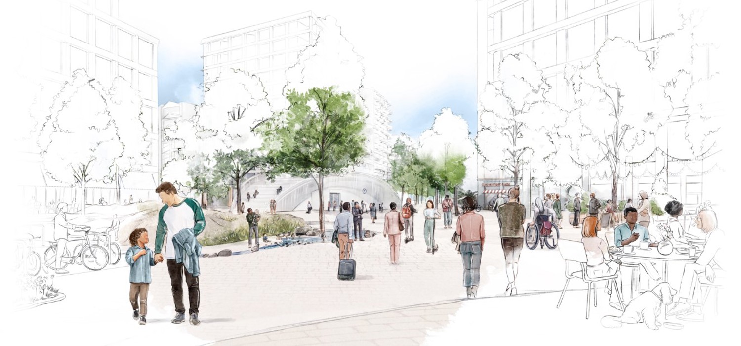 Illustrasjon som viser hvordan et torg på Fornebu sør kan se ut