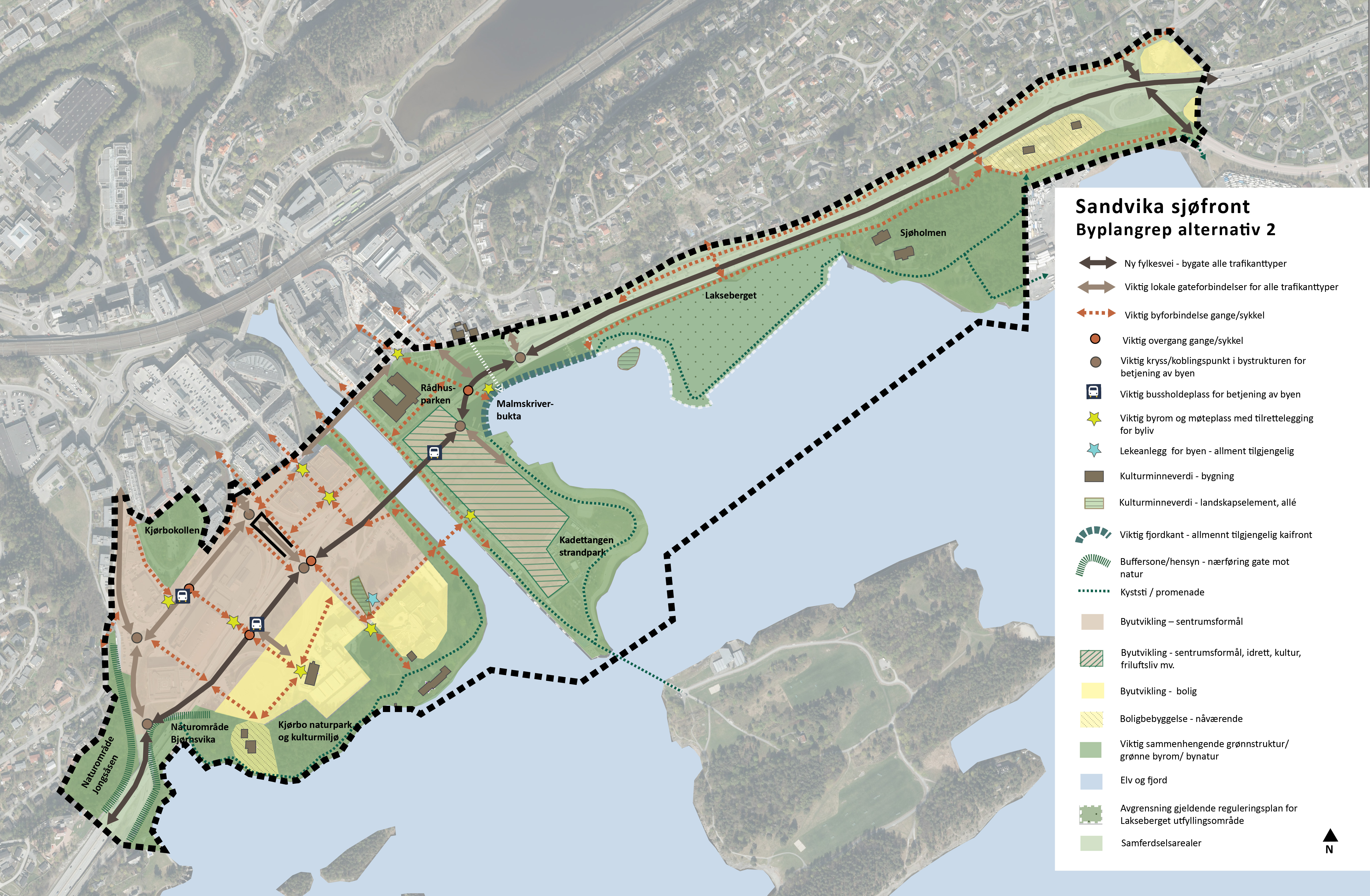 Byplangrep Sandvika sjøfront prinsippkart alternativ 1