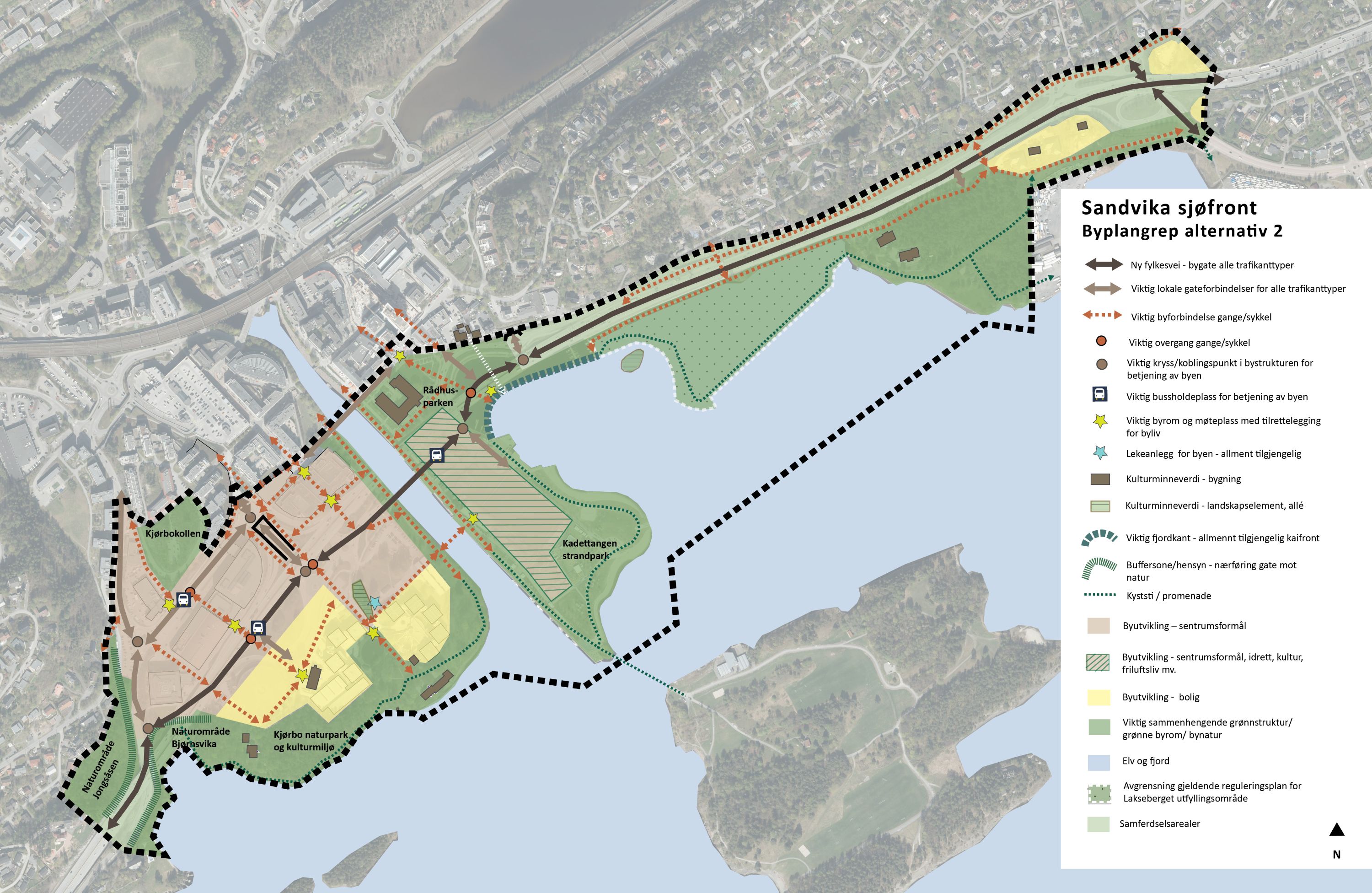 Byplangrep Sandvika sjøfront prinsippkart alternativ 1