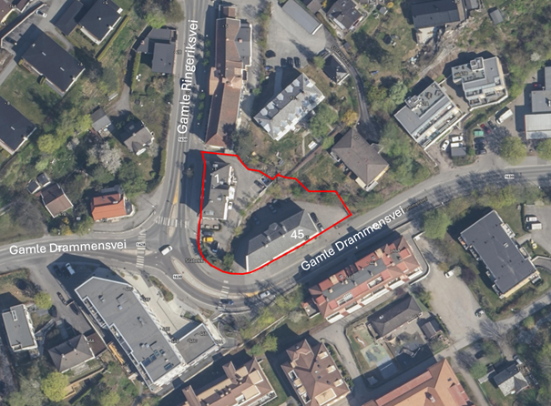 Gamle Ringeriksvei 1 Flyfoto med påtegnet planavgrensning