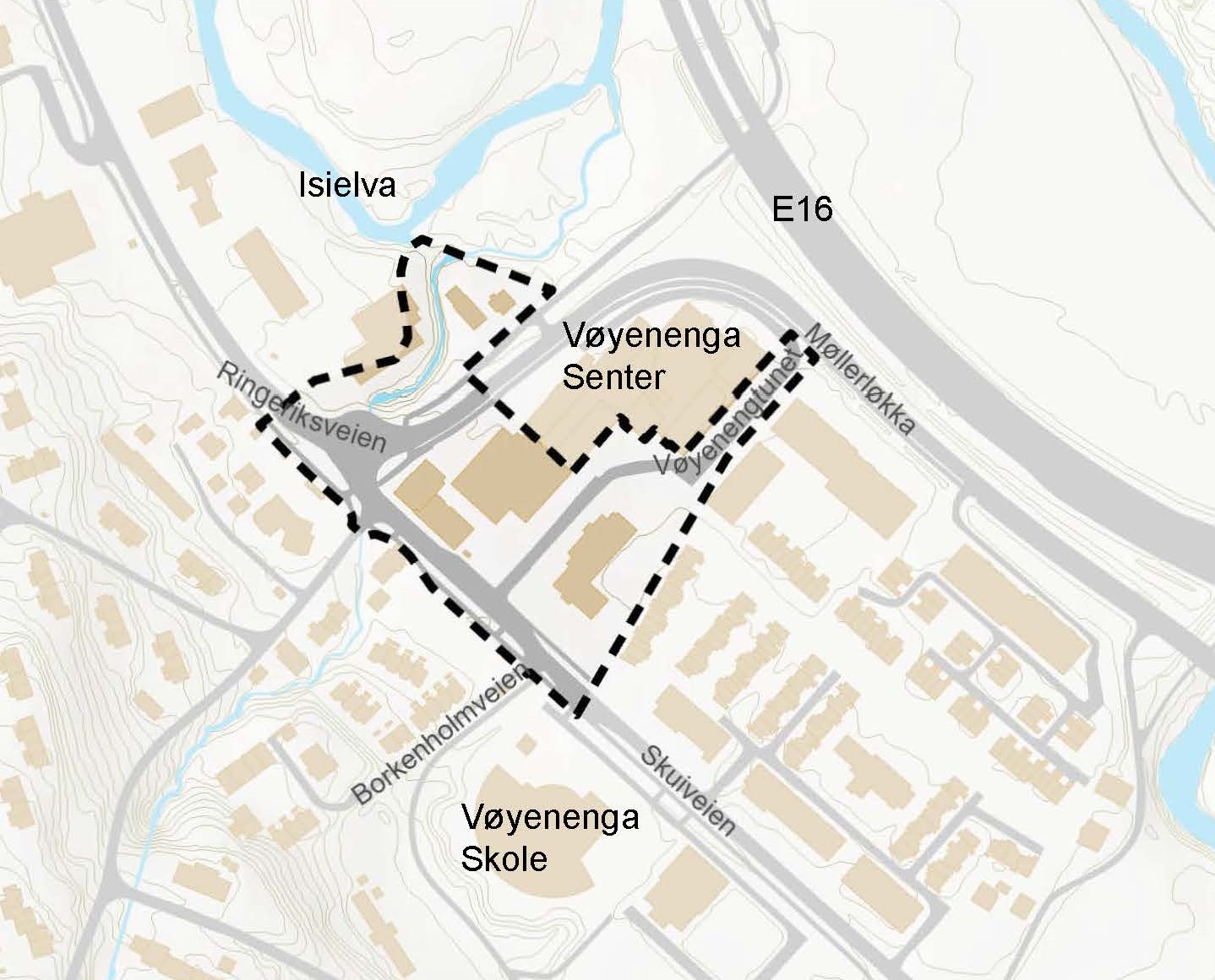 Kart som viser avgrensning av reguleringsplan for Vøyenenga senter.