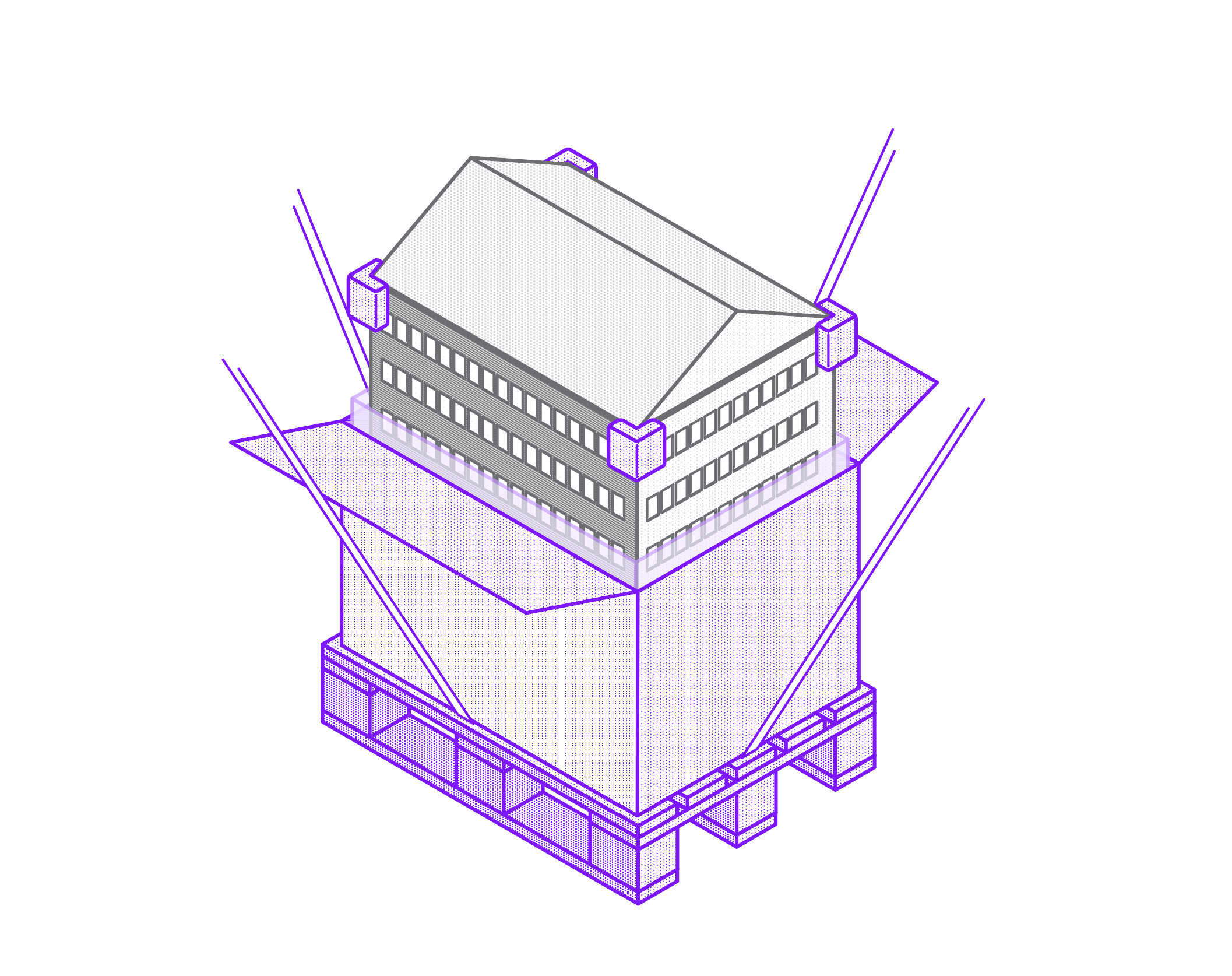 Illustrasjon av en bygning i en pappeske