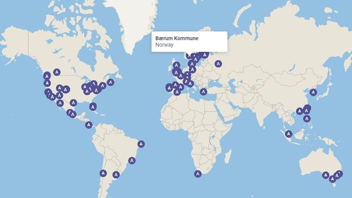 Kart som viser byer eller kommuner som har fått toppscore