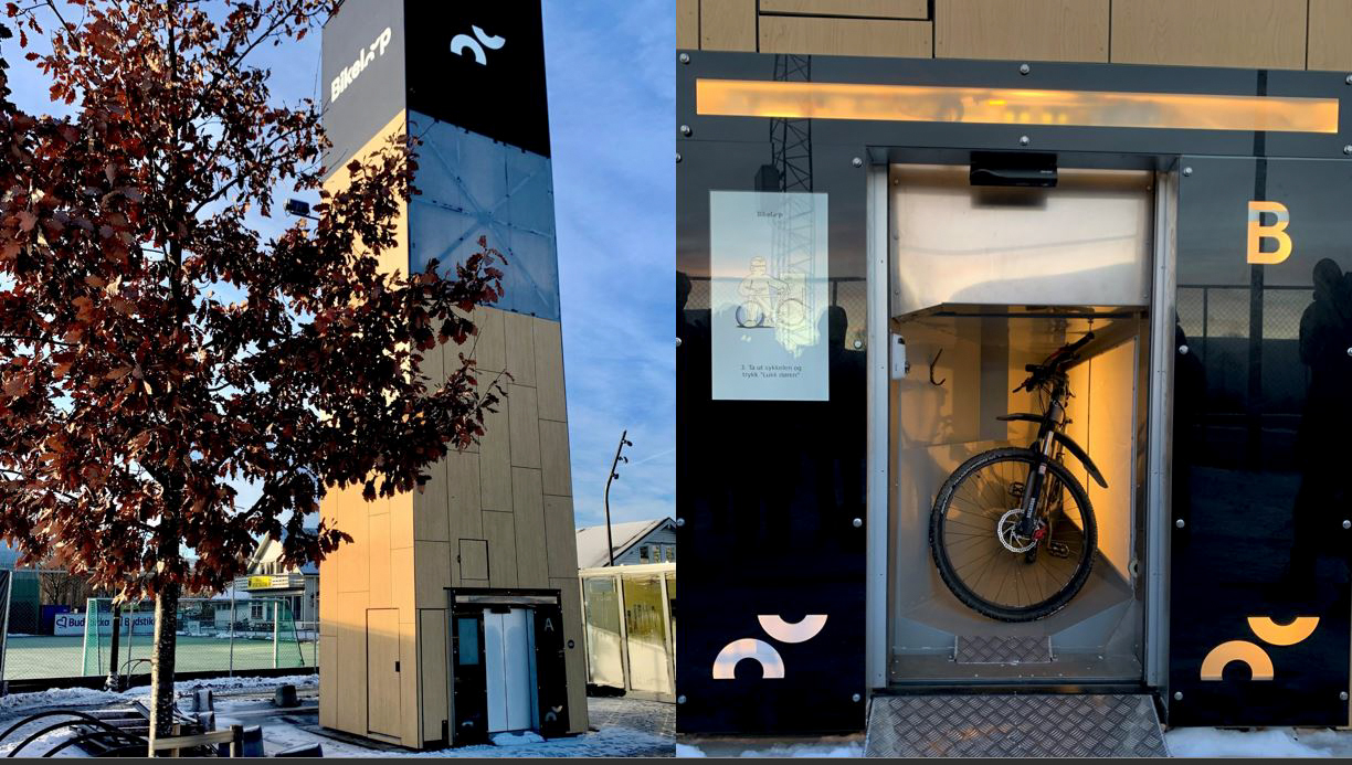 To bilder av sykkelparkeringen Bikeloop