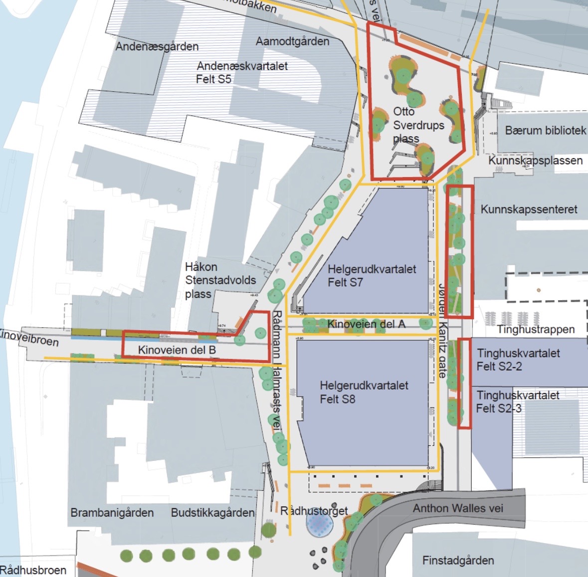Rødt markerer anleggsområdene i Sandvika sentrum øst 