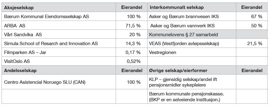 Bærum kommune har eierposisjoner i følgende selskaper: