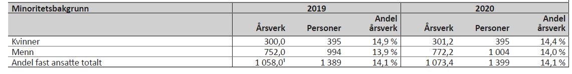 Tabell 25 viser fordeling av medarbeidere med minoritetsbakgrunn