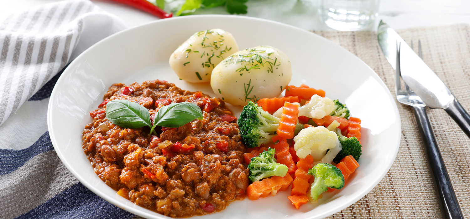 Chilie con carne med grønnsaker og potet
