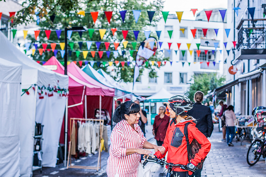 Dame med sykkel møter gående 