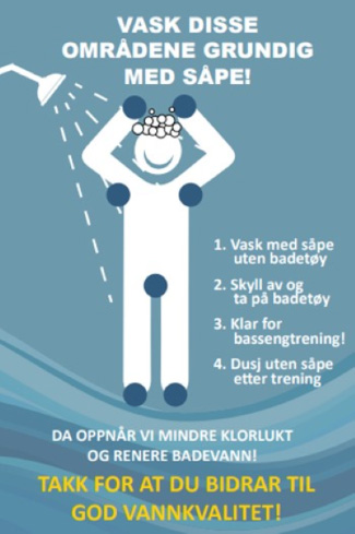 Vask disse områdene grundig med såpe.  Vask med såpe uten badetøy 2. skyll av og ta på badetøy 3. klar for bassengtrening 4. dusj uten såpe etter tremimg
