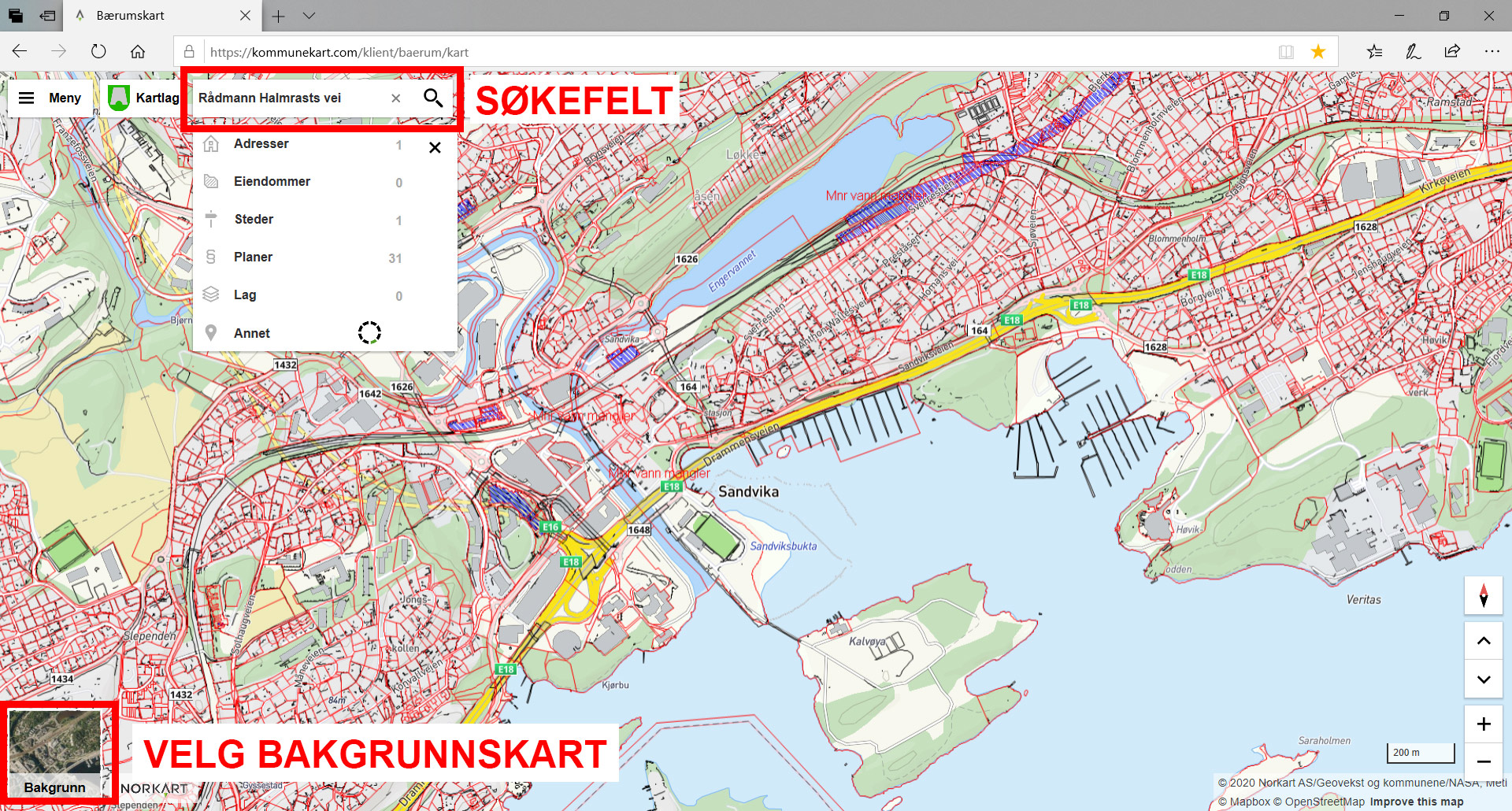 Søk opp sted og naviger i kartet