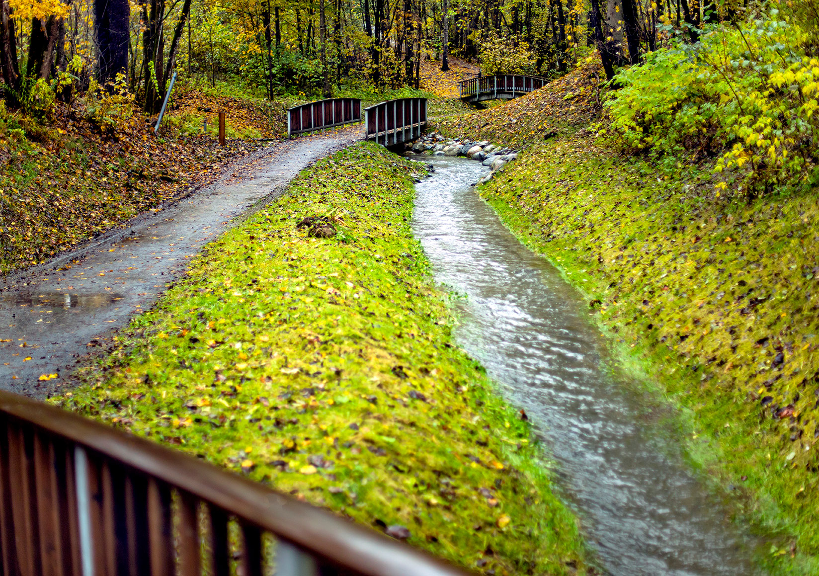 Et bekkefar med sti og små broer