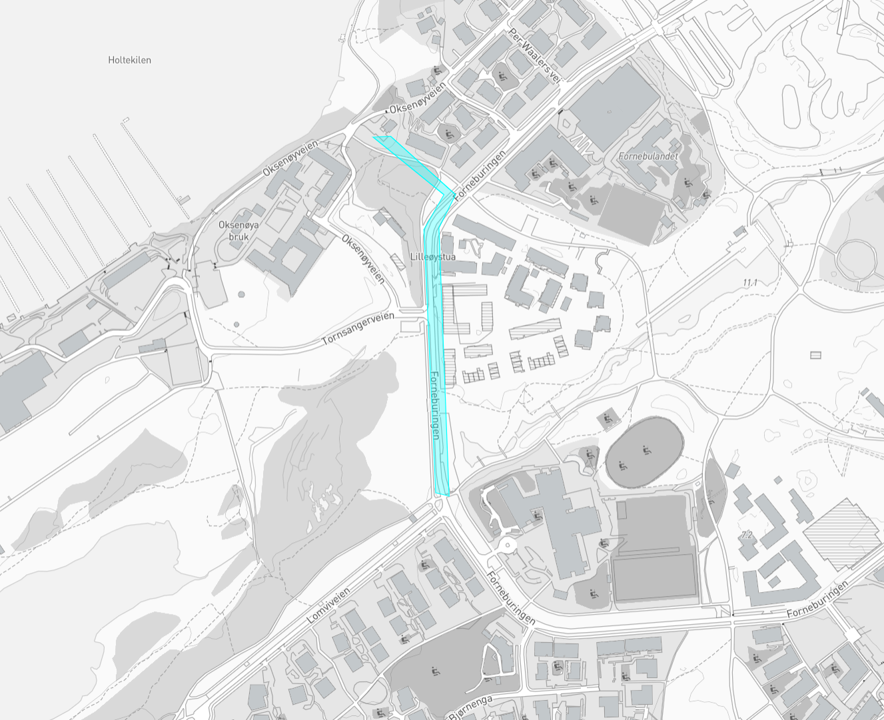 Kartutsnitt som viser anleggsarbeid langs Forneburingen, markert med lyseblått felt mellom Oksenøyveien og Grenseveien.