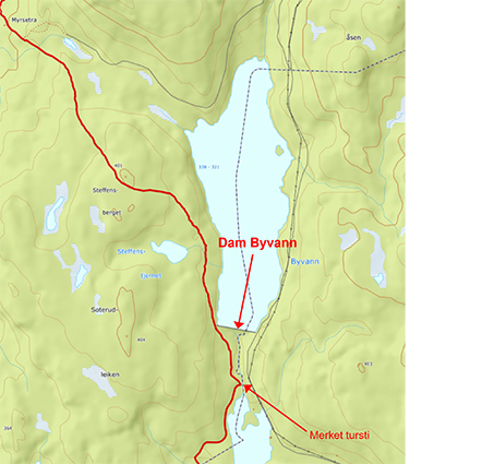 Dam Byvann, kart med merket tursti