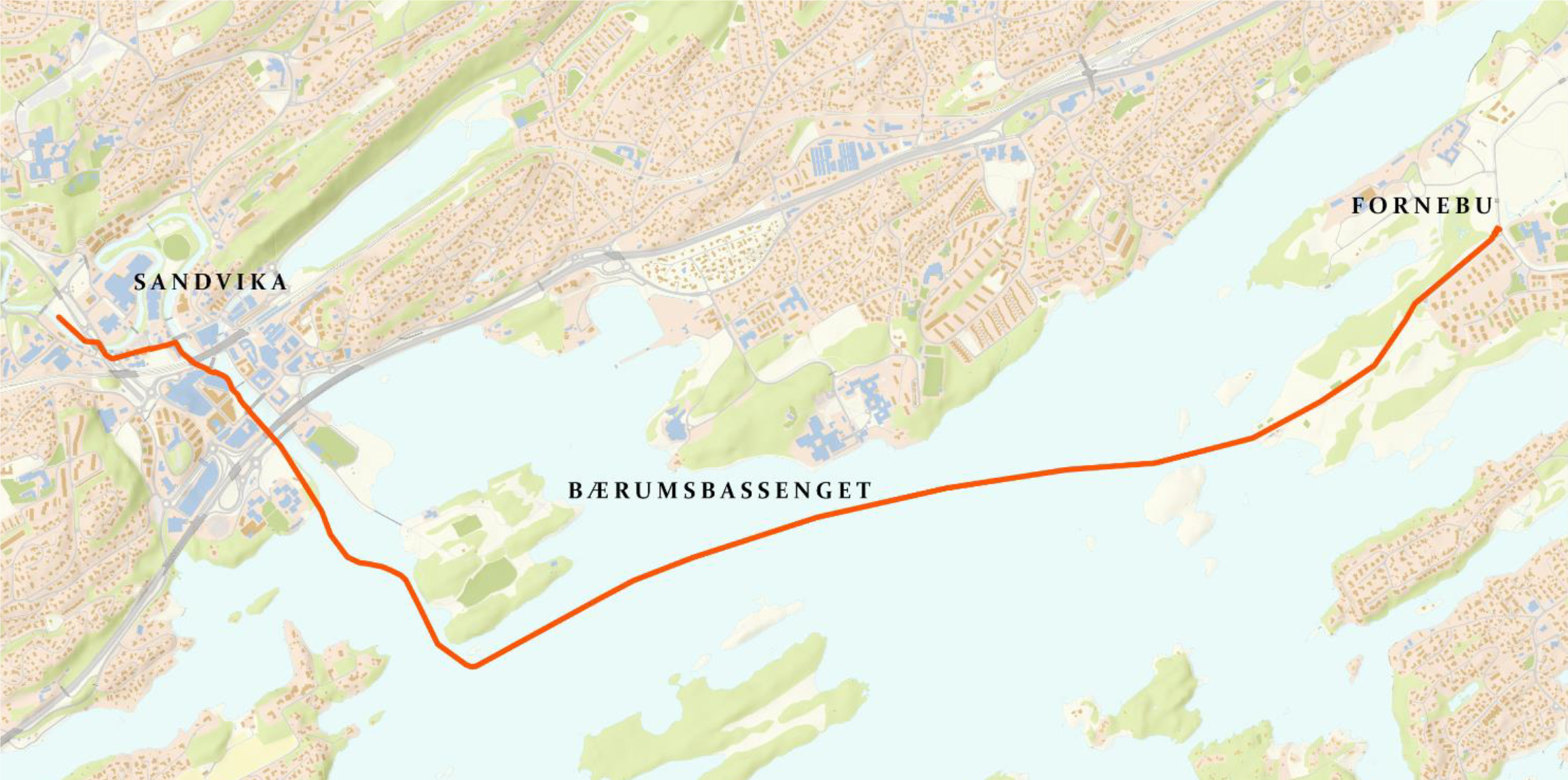 Kart som viser ny vannledning til Fornebu