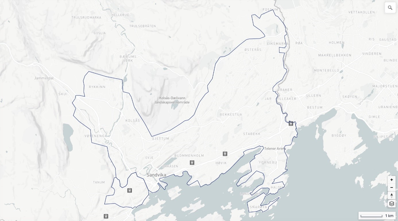 Kartet viser området hvor du kan bruke elsyklene. Disse forbinder Sandvika, Høvik, Bekkestua, Stabekk og Fornebu sammen. 